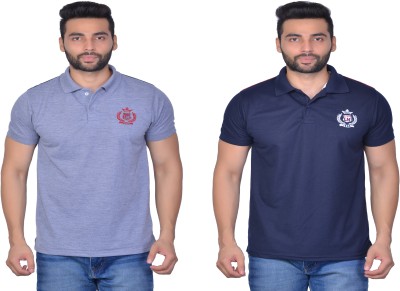 Cousin's Self Design Men Polo Neck Dark Blue, Grey T-Shirt