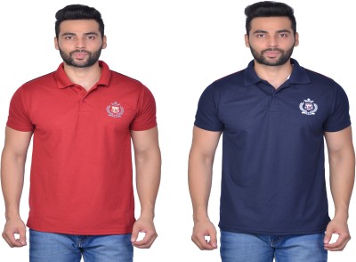 Cousin's Solid Men Polo Neck Dark Blue, Maroon T-Shirt