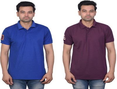 La Milano Self Design, Solid Men Polo Neck Purple, Blue T-Shirt