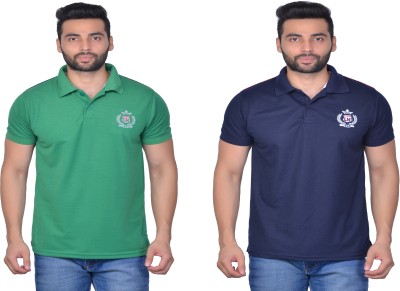 Cousin's Solid Men Polo Neck Dark Blue, Green T-Shirt