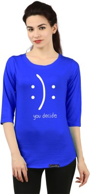 Goodtry Printed Women Round Neck Dark Blue T-Shirt