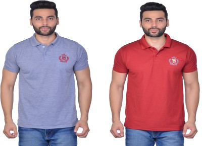 Cousin's Self Design Men Polo Neck Maroon, Grey T-Shirt