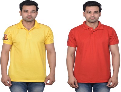 La Milano Self Design, Solid Men Polo Neck Red, Yellow T-Shirt