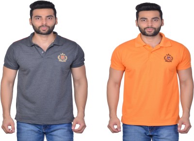 Cousin's Self Design, Solid Men Polo Neck Orange, Grey T-Shirt