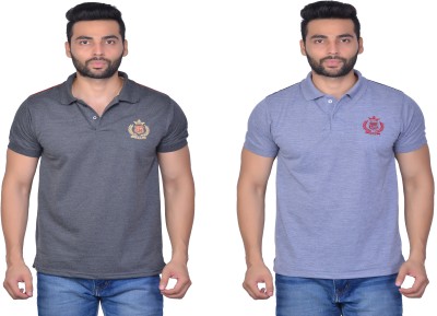 Cousin's Self Design, Solid Men Polo Neck Grey T-Shirt