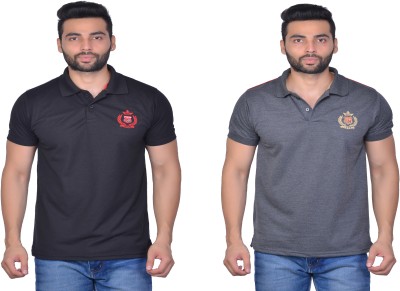 Cousin's Self Design, Solid Men Polo Neck Multicolor, Black T-Shirt