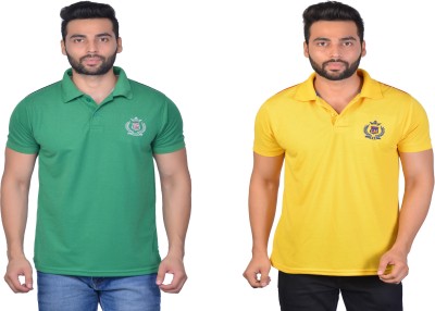 Cousin's Solid Men Polo Neck Green, Yellow T-Shirt