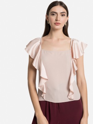 KAZO Casual Ruffled Sleeve Solid Women Pink Top