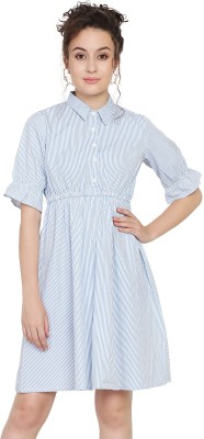 SANADI Women Gathered White, Blue Dress