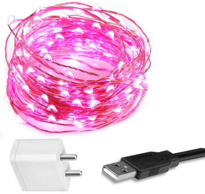 MANSAA® Copper String LED Lights Combo, 1 Pink Light, 1 USB Adaptor, 10 MTR 100 LED 100 LEDs 10.08 m Pink Steady String Rice Lights(Pack of 1)