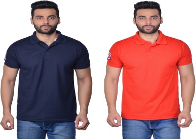 Cousin's Solid Men Polo Neck Dark Blue, Red T-Shirt