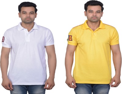 La Milano Self Design, Solid Men Polo Neck White, Yellow T-Shirt