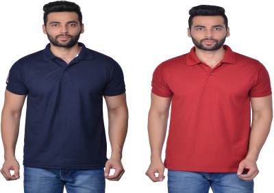 Cousin's Solid Men Polo Neck Dark Blue, Maroon T-Shirt