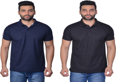 Cousin's Solid Men Polo Neck Dark Blue, Black T-Shirt