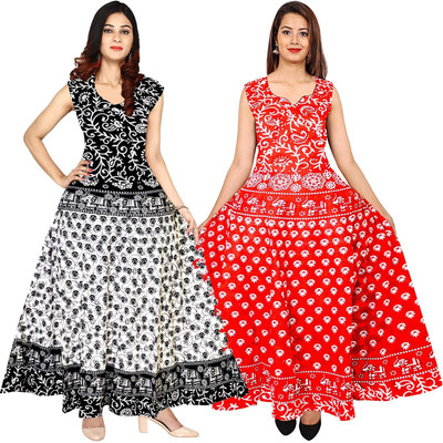 Madanam Women Maxi Red, White, Black Full Length Dress