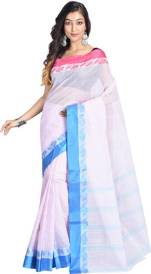 Kalpana Enterprise Self Design, Temple Border, Embroidered, Embellished, Woven, Applique, Solid/Plain, Checkered Tant Pure Cotton Saree(White)