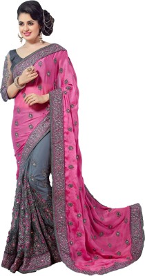 Gymfy Embroidered Bollywood Net Saree(Pink, Grey)