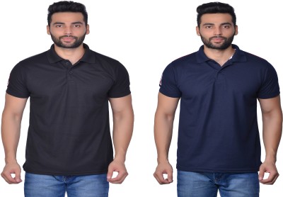 Cousin's Solid Men Polo Neck Dark Blue, Black T-Shirt