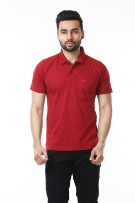 Moudlin Solid Men Polo Neck Maroon T-Shirt