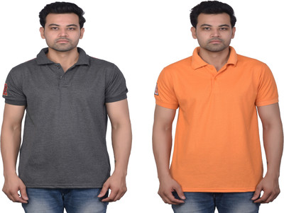 La Milano Self Design, Embroidered Men Polo Neck Black, Orange T-Shirt