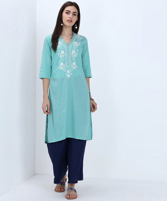 Biba Women Embroidered Straight KurtaLight Green