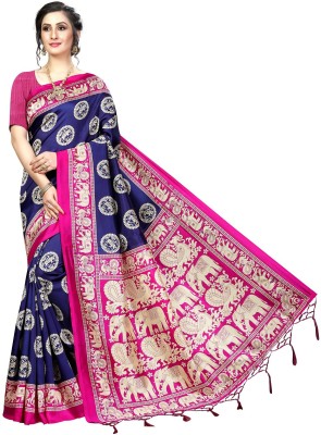 RENSILAFAB Printed Daily Wear Silk Blend Saree(Dark Blue)