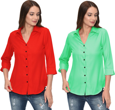 Thisbe Women Solid Formal Red, Light Green Shirt(Pack of 2)