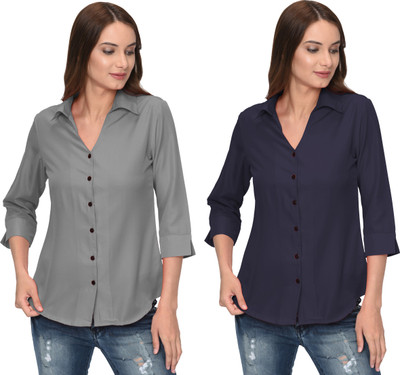 Thisbe Women Solid Formal Dark Blue, Grey Shirt(Pack of 2)