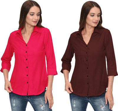 Thisbe Women Solid Formal Brown, Pink Shirt(Pack of 2)