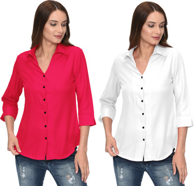 Thisbe Women Solid Formal White, Pink Shirt(Pack of 2)