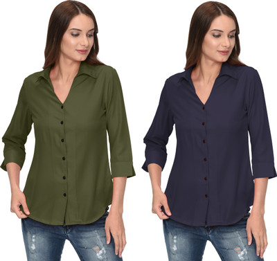 Thisbe Women Solid Formal Dark Blue, Green Shirt(Pack of 2)