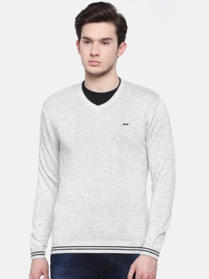 t-base Solid V Neck Casual Men White Sweater