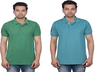 La Milano Solid Men Polo Neck Light Blue, Green T-Shirt