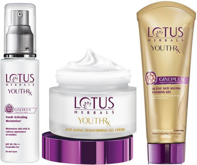 LOTUS Herbals YouthRx Anti-Ageing Get Set Glow ( Activating Moisturiser _50ml + Transforming Gel Creme_50g + Foaming Gel_100 gm )(3 Items in the set) LOTUS Herbals YouthRx Anti-Ageing Get Set Glow ( Activating Moisturiser _50ml + Transforming Gel Creme_50g + Foaming Gel_100 gm )(3 Items in the set)