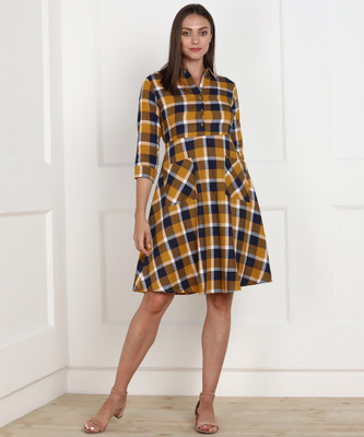 AND Women A-line Dark Blue, Yellow Dress