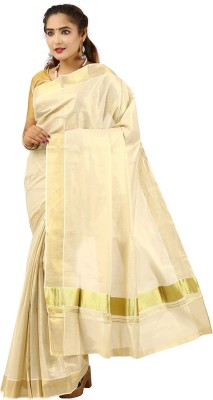 Selvamani Tex Solid/Plain Kasavu Tussar Silk Saree(Beige)