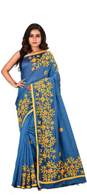 BRISHTI CREATIONS Embroidered Handloom Cotton Blend Saree(Blue)