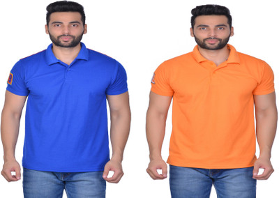 Cousin's Solid Men Polo Neck Blue, Orange T-Shirt