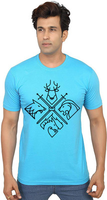 Aseria Graphic Print Men Round Neck Light Blue T-Shirt