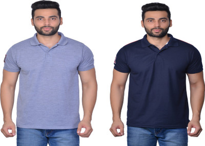Cousin's Solid Men Polo Neck Dark Blue, Grey T-Shirt