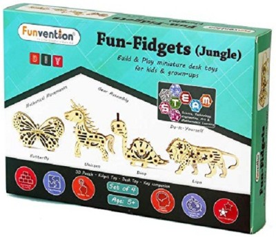 FUNVENTION Engineered Wood Fun Fidgets -Jungle - Set of 4 DIY Miniature Mechanical Models (Lion, Unicorn, Dino and Butterfly) -STEM Learning 3D Puzzle Kit(Beige)