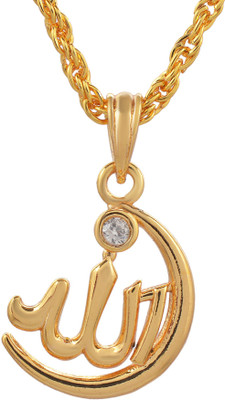 RN Gold Plated Half Moon Single CZ with Allah Word, Chain Pendant Necklace Muslim Jewellery for Men and Women Gold-plated Cubic Zirconia Brass Pendant