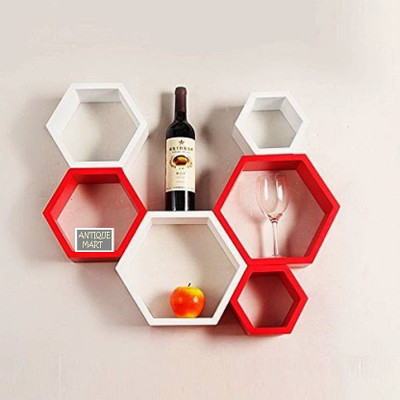 ANTIQUE MART Hexagonal Rack Shelf Wooden Wall Shelf(Number of Shelves - 6, White, Red)
