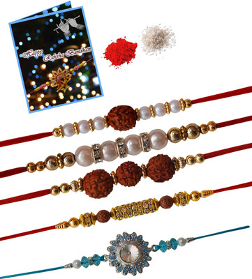 TR Thread BG-BH-BI-BJ-SG Assorted Rakhi  Set(1 Greeting Card And Roli Chawal, 5 Rakhi)