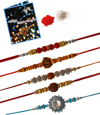 TR Thread BB-BC-BD-BE-SG Assorted Rakhi  Set(1 Greeting Card And Roli Chawal, 5 Rakhi)