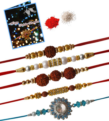 TR Thread BE-BF-BG-BH-SG Assorted Rakhi  Set(1 Greeting Card And Roli Chawal, 5 Rakhi)