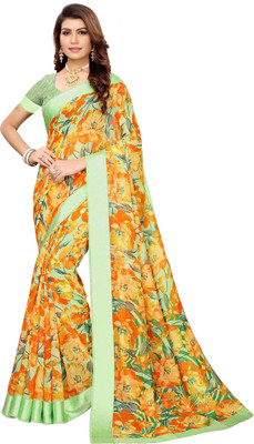 Ratnavati Floral Print Bollywood Cotton Linen Saree(Green, Orange)