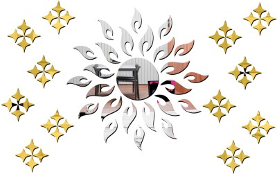 Bikri Kendra 100 cm Sun silver with golden 50 star - 3D acrylic mirror wall stickers Self Adhesive Sticker(Pack of 125)