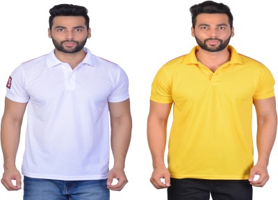 Cousin's Solid Men Polo Neck White, Yellow T-Shirt