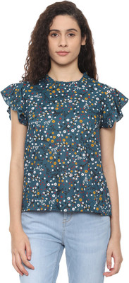 PEOPLE Casual Flutter Sleeve Printed Women Blue Top